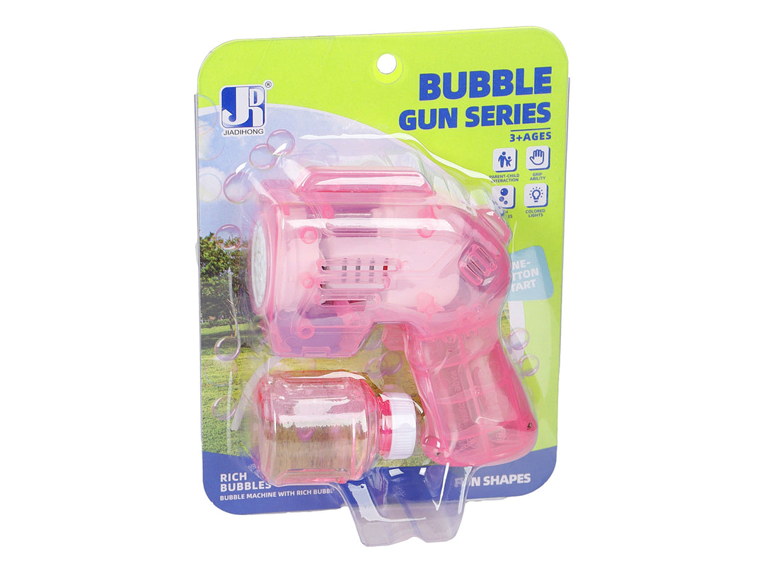 Pistola de burbujas eléctrica de color verde transparente en empaque blister.
