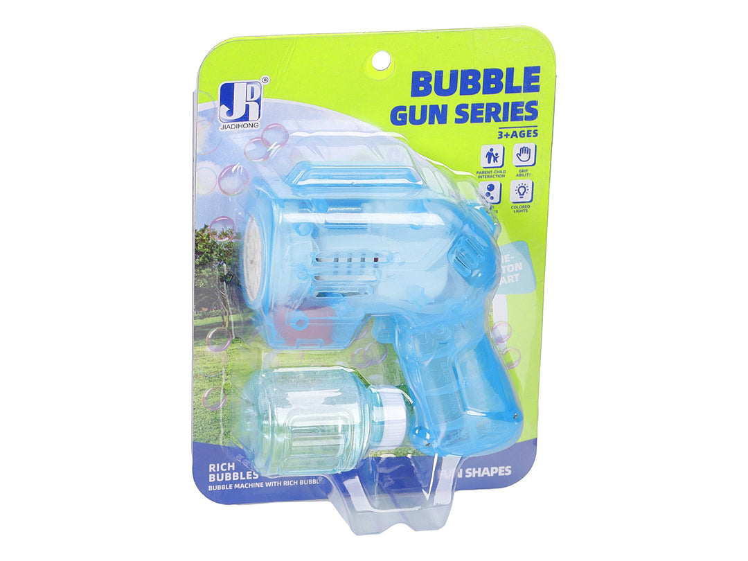 Pistola de burbujas eléctrica de color verde transparente en empaque blister.