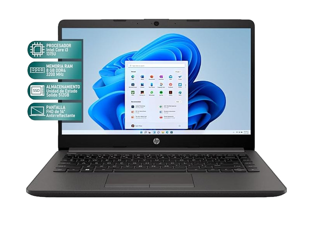 Laptop HP 240 G9 de color gris con pantalla encendida mostrando el menú de inicio de Windows 11.
