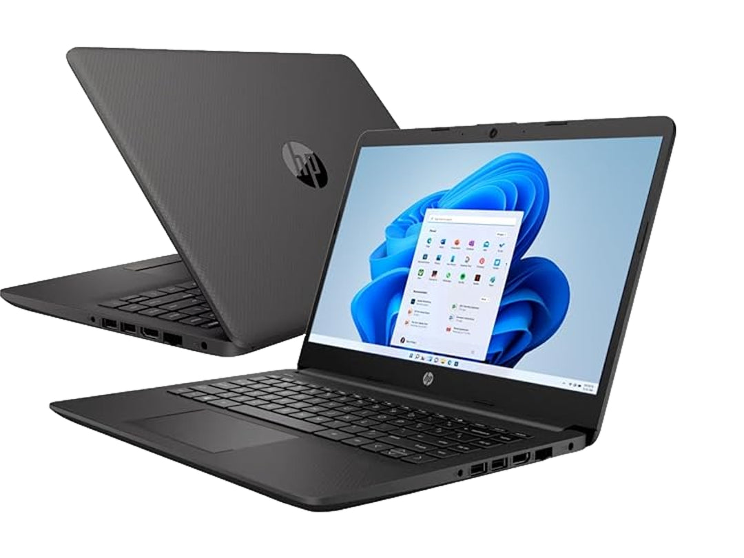 Laptop HP 240 G9 de color gris con pantalla encendida mostrando el menú de inicio de Windows 11.