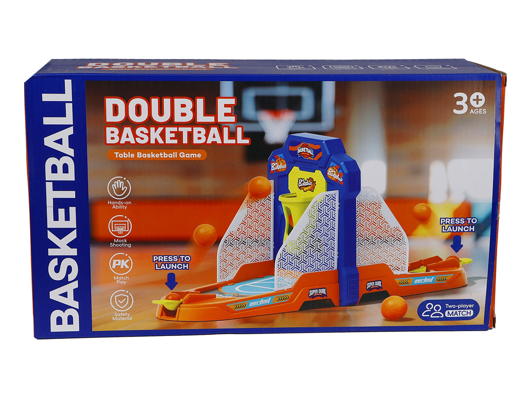 Caja de juego de basquetbol de mesa Double Basketball en colores azul y naranja con pelotas naranjas.