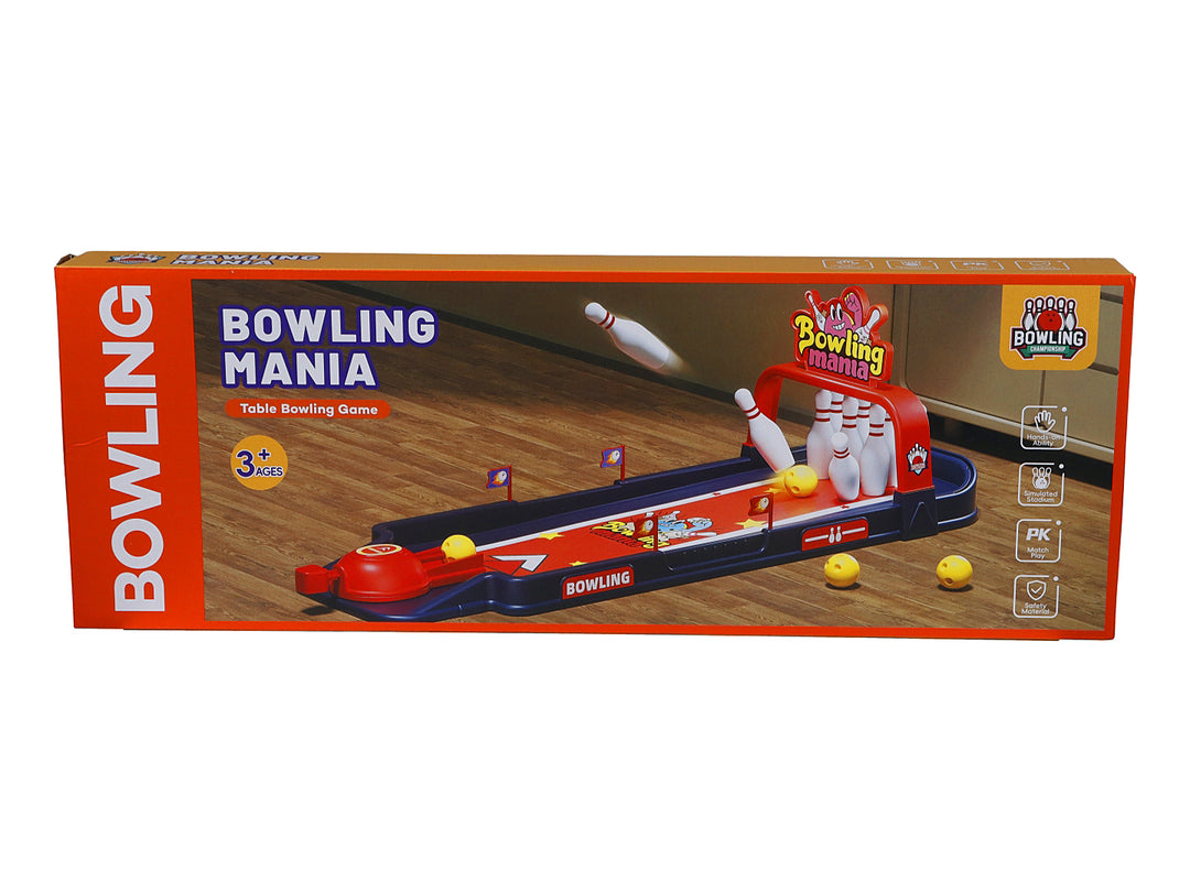 Juego de bolos de mesa Bowling Mania con pista azul y roja, pinos blancos y bolas amarillas en su empaque.