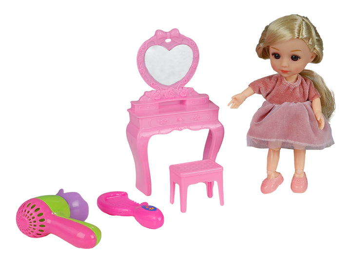 Set de muñeca Beicaca con accesorios de belleza en color rosa, incluye tocador, peine y secadora.