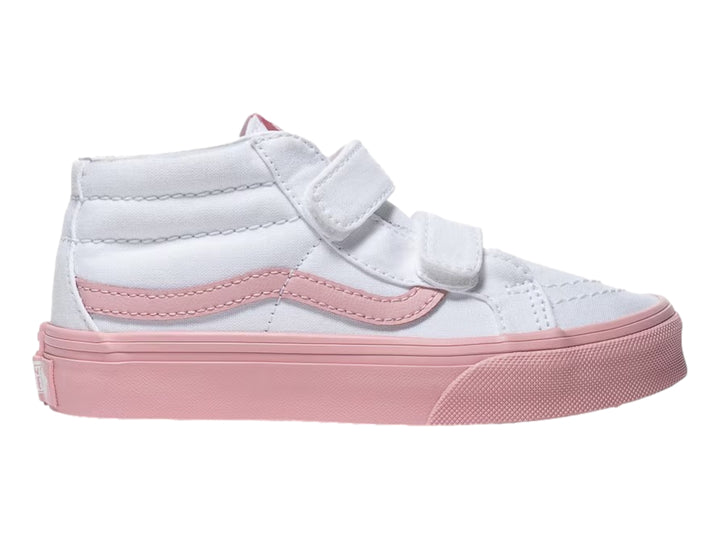 Tenis VANS Sk8-Mid Reissue color blanco con suela y franja lateral rosa, cierre de velcro para niños.