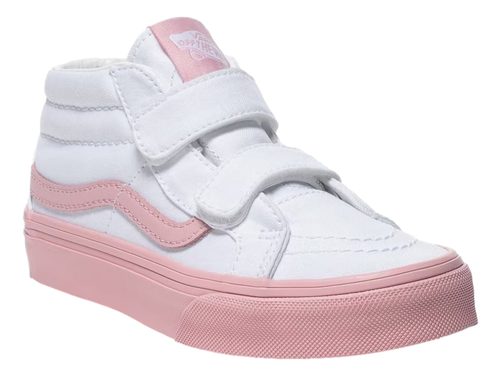 Tenis VANS Sk8-Mid Reissue color blanco con suela y franja lateral rosa, cierre de velcro para niños.