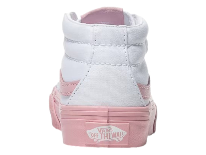 Tenis VANS Sk8-Mid Reissue color blanco con suela y franja lateral rosa, cierre de velcro para niños.