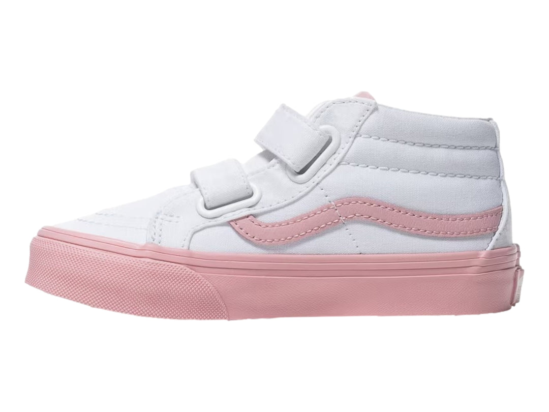 Tenis VANS Sk8-Mid Reissue color blanco con suela y franja lateral rosa, cierre de velcro para niños.