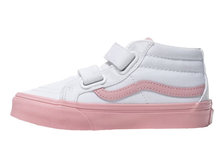 Tenis VANS Sk8-Mid Reissue color blanco con suela y franja lateral rosa, cierre de velcro para niños.