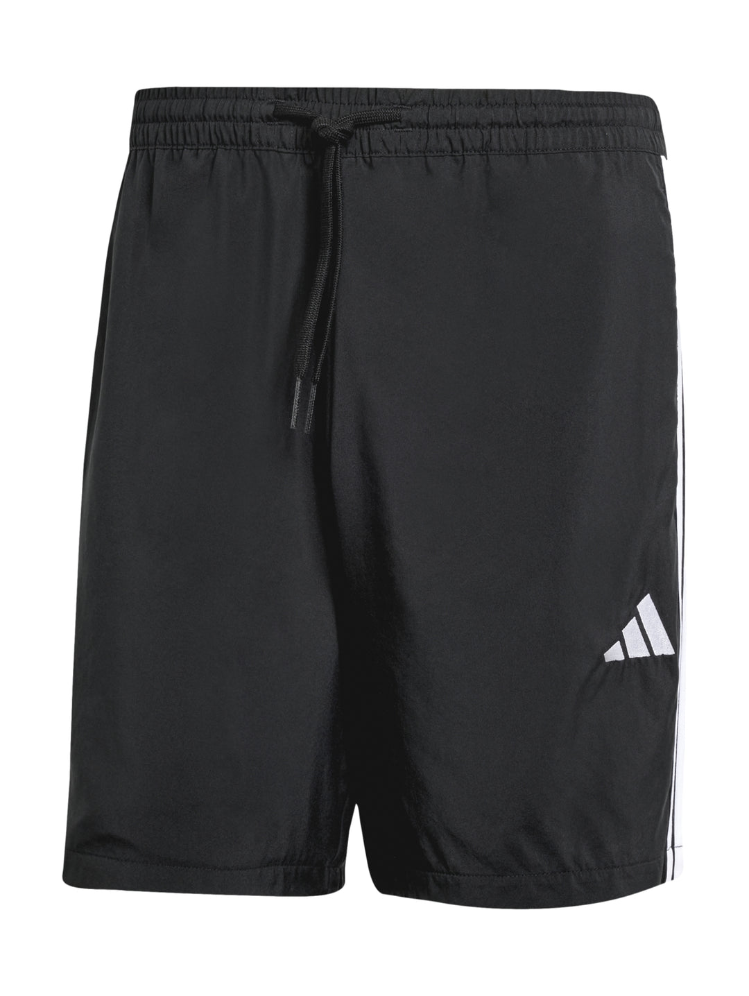 Pantalones cortos deportivos Adidas color negro con tres franjas blancas laterales y logo blanco.