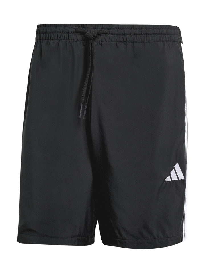Pantalones cortos deportivos Adidas color negro con tres franjas blancas laterales y logo blanco.