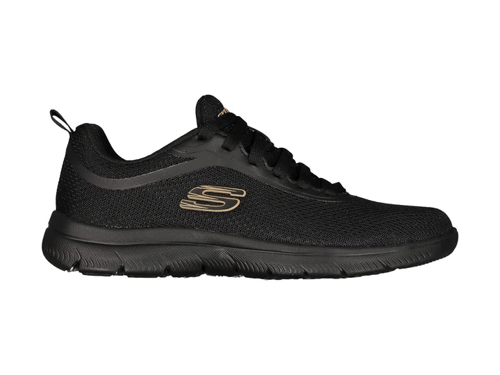 Tenis deportivos Skechers color negro con suela flexible y logotipo en dorado en el costado.
