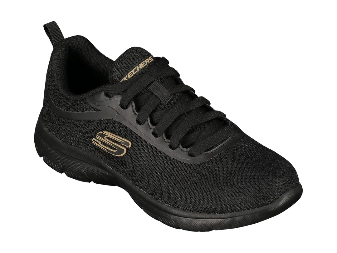 Tenis deportivos Skechers color negro con suela flexible y logotipo en dorado en el costado.