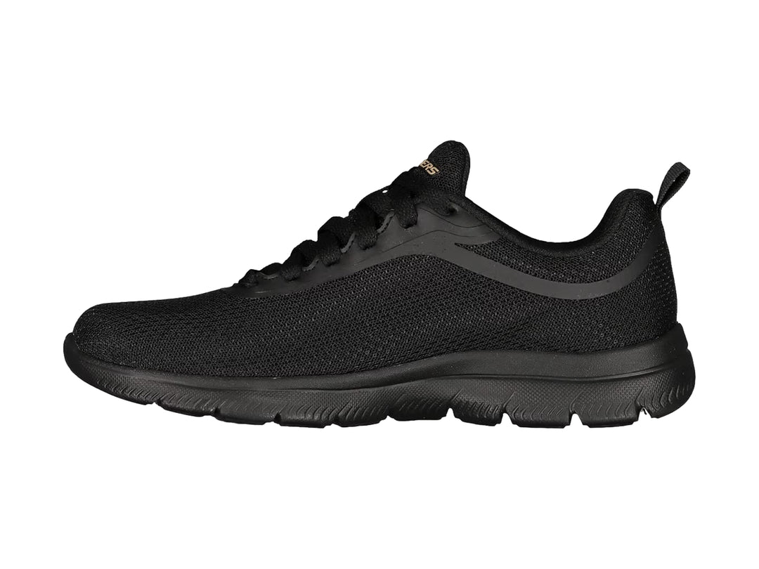 Tenis deportivos Skechers color negro con suela flexible y logotipo en dorado en el costado.