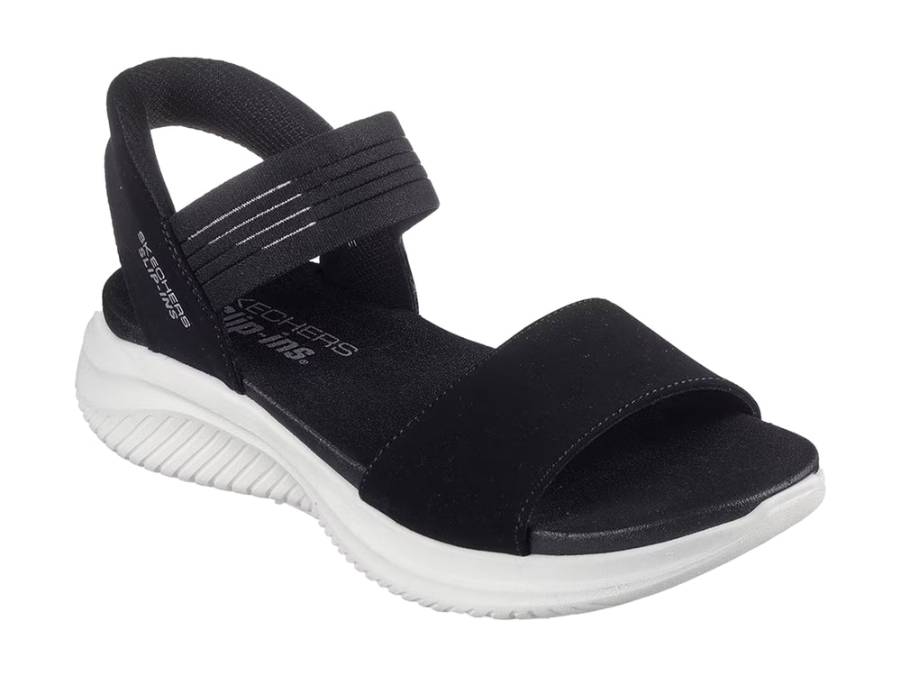 Sandalia Skechers Ultra Flex 3.0 en color negro con suela blanca gruesa y correas ajustables.