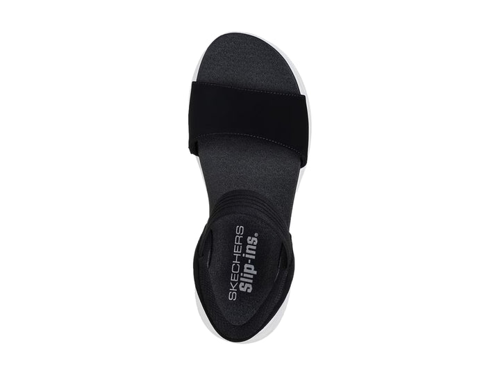 Sandalia Skechers Ultra Flex 3.0 en color negro con suela blanca gruesa y correas ajustables.