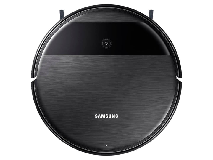 Aspiradora robot Samsung de color negro con diseño circular y acabado metálico.