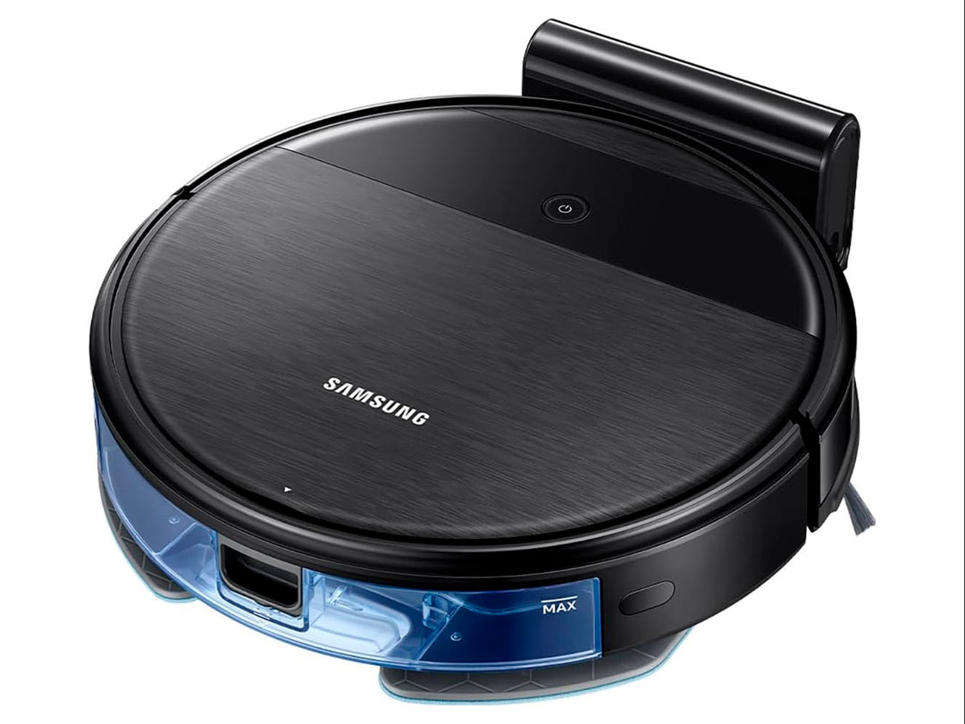 Aspiradora robot Samsung de color negro con diseño circular y acabado metálico.