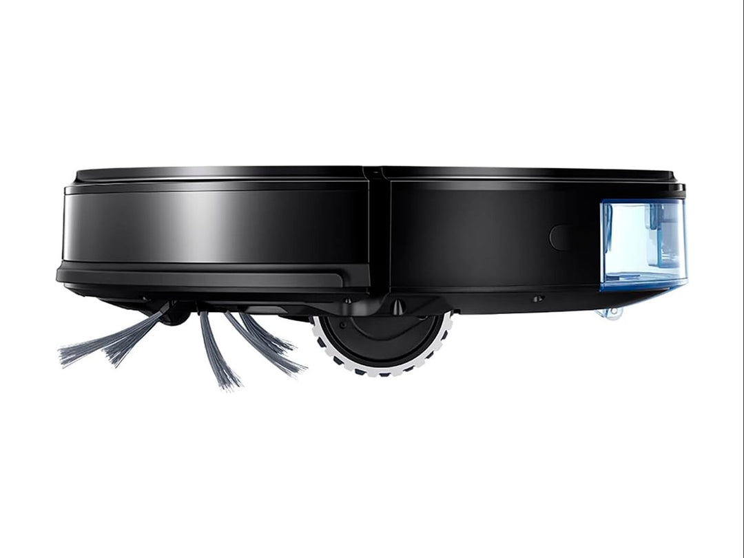 Aspiradora robot Samsung de color negro con diseño circular y acabado metálico.
