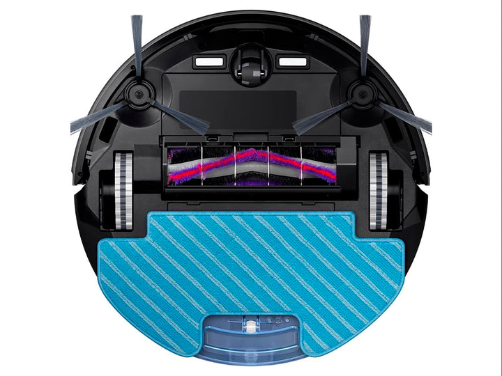 Aspiradora robot Samsung de color negro con diseño circular y acabado metálico.