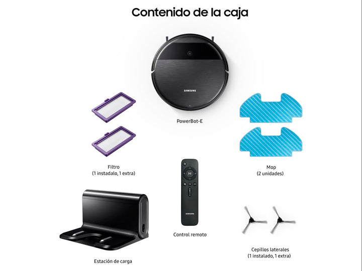 Aspiradora robot Samsung de color negro con diseño circular y acabado metálico.