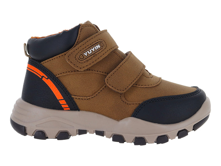 Botas para Niño color marrón y azul marino con cierres de velcro y detalles en naranja.