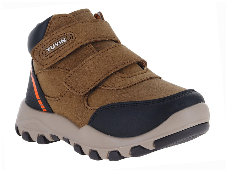 Botas para Niño color marrón y azul marino con cierres de velcro y detalles en naranja.