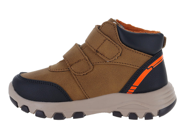 Botas para Niño color marrón y azul marino con cierres de velcro y detalles en naranja.