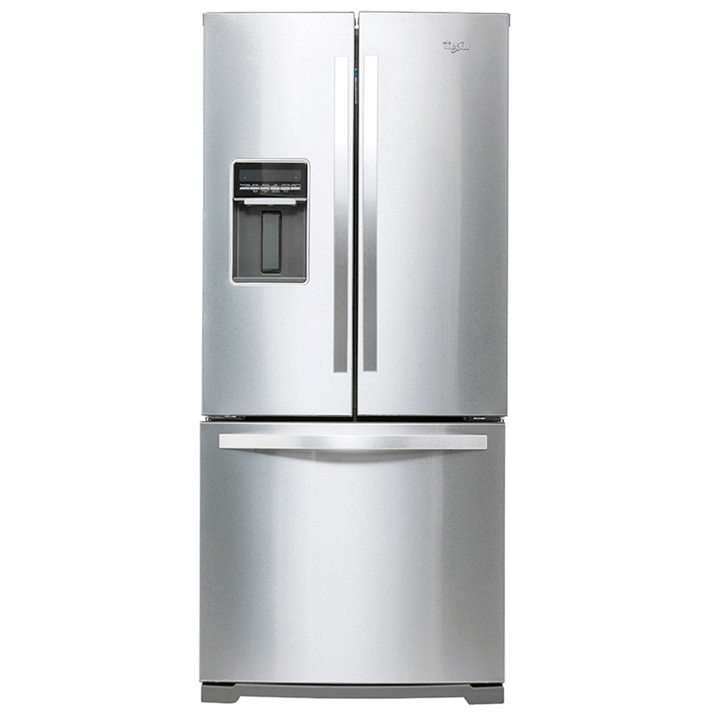 Refrigerador Whirlpool gris de estilo French Door con dispensador de agua frontal.