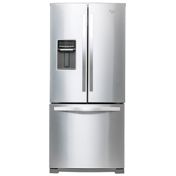 Refrigerador Whirlpool gris de estilo French Door con dispensador de agua frontal.