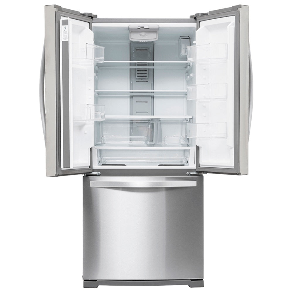 Refrigerador Whirlpool gris de estilo French Door con dispensador de agua frontal.