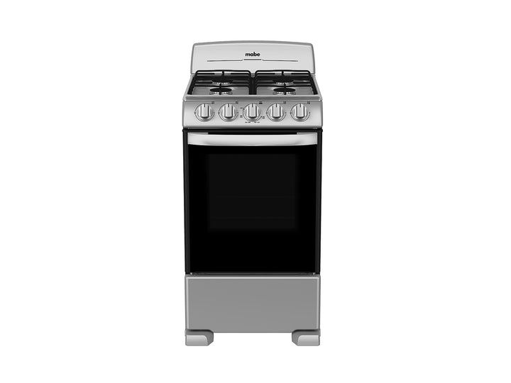 Estufa Mabe de 4 quemadores en acero inoxidable con puerta de horno negra.
