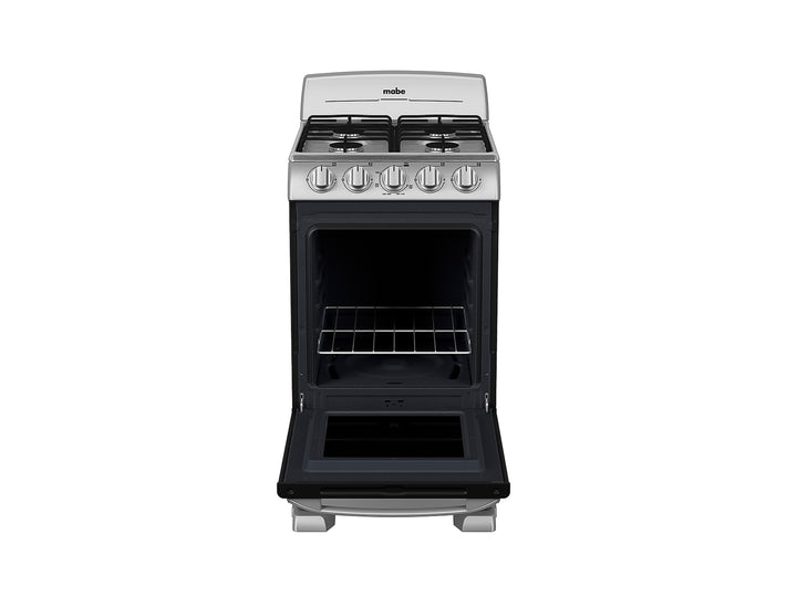 Estufa Mabe de 4 quemadores en acero inoxidable con puerta de horno negra.