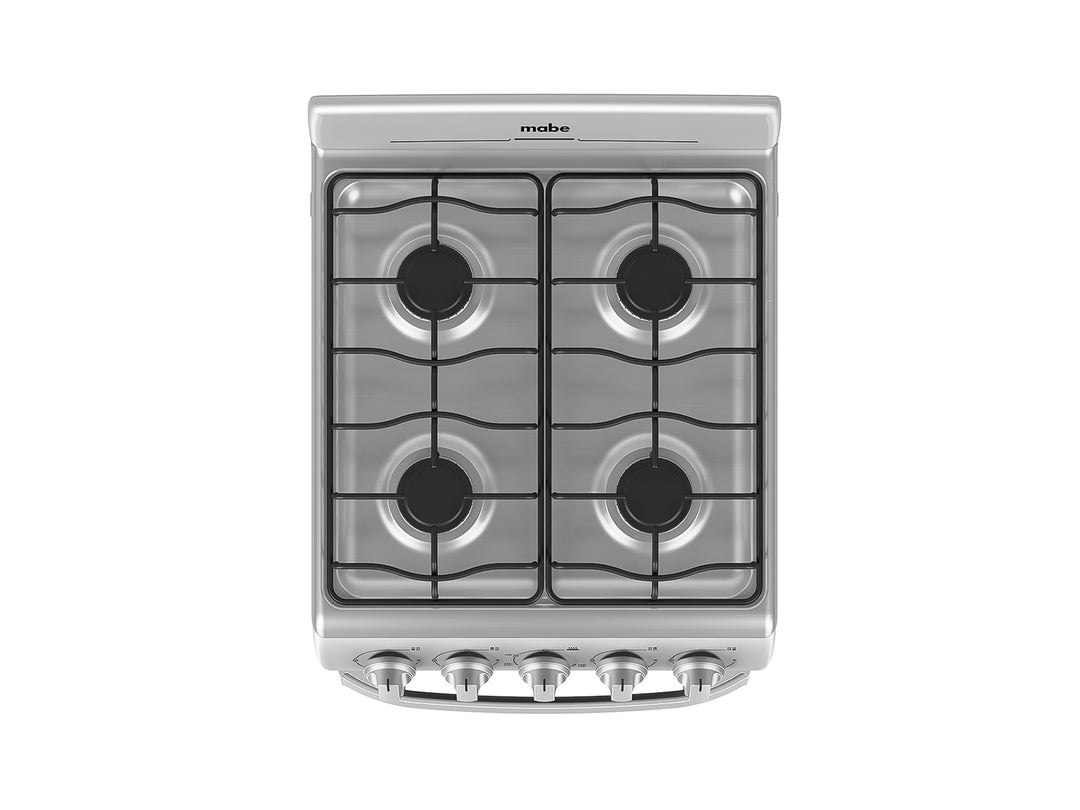 Estufa Mabe de 4 quemadores en acero inoxidable con puerta de horno negra.