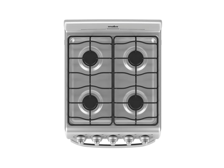 Estufa Mabe de 4 quemadores en acero inoxidable con puerta de horno negra.