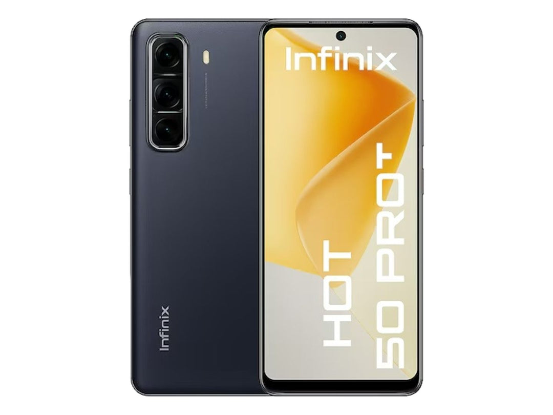 Smartphone Infinix Hot 50 Pro+ en color negro, vista frontal y trasera sobre fondo blanco.