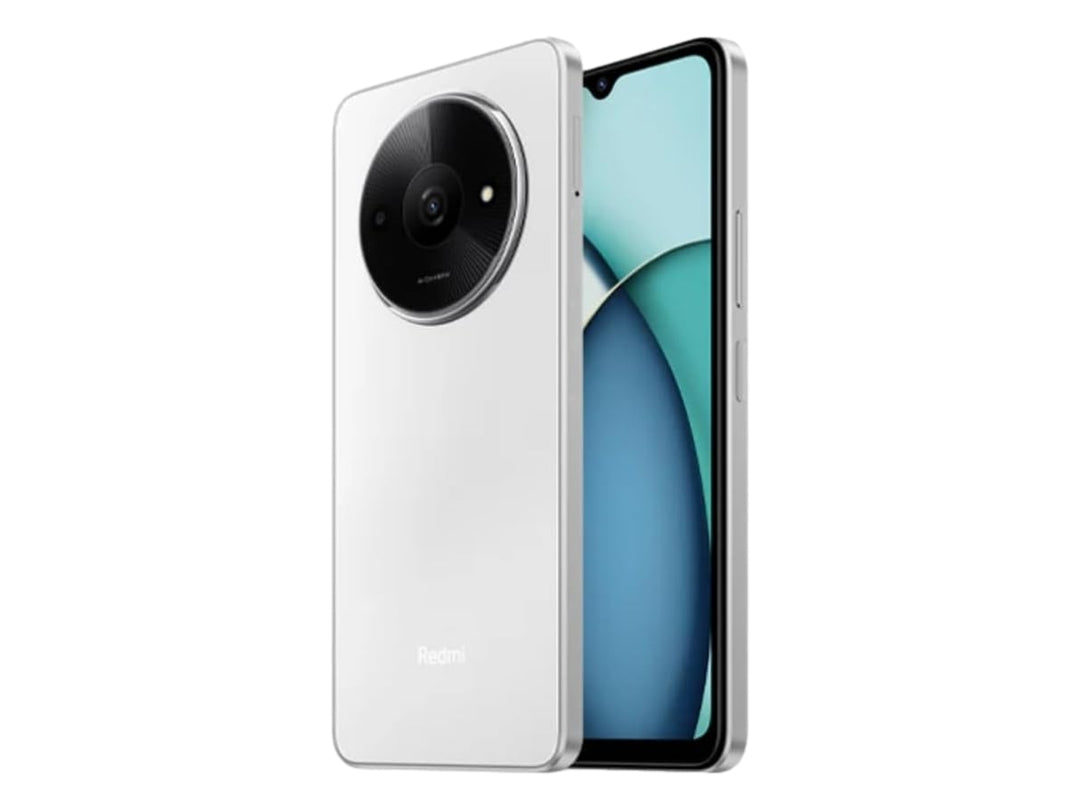 Smartphone Xiaomi Redmi A3X en color blanco con módulo de cámara trasera circular y pantalla frontal.