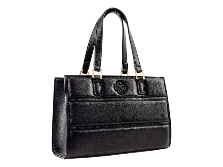 Bolsa negra de Jaime Ibiza con asas y detalles dorados, diseño rectangular y textura granulada.