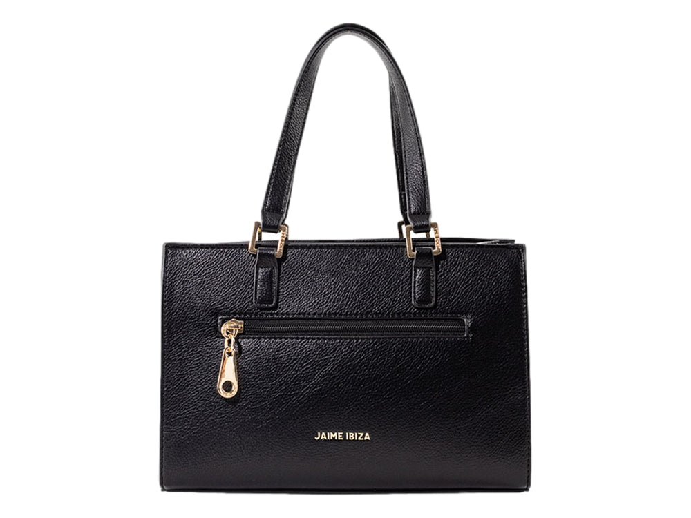 Bolsa negra de Jaime Ibiza con asas y detalles dorados, diseño rectangular y textura granulada.