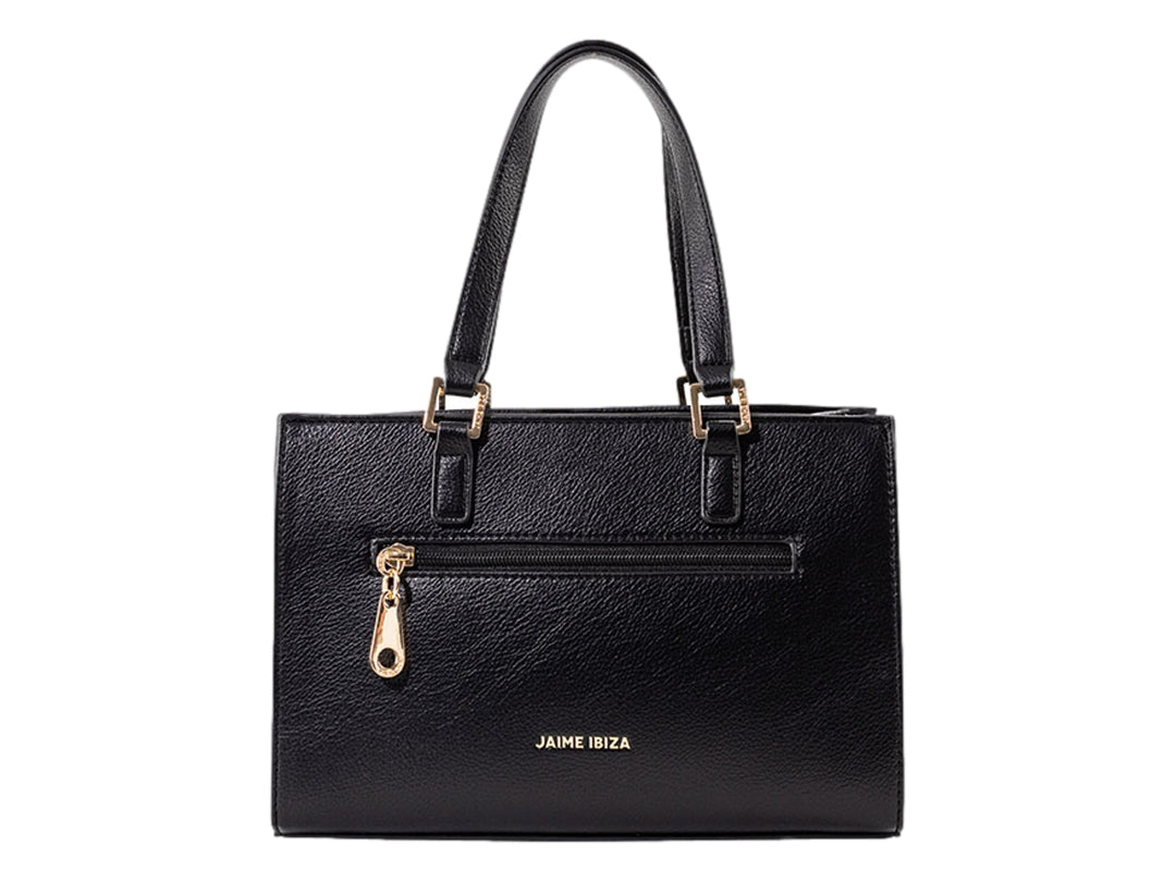 Bolsa negra de Jaime Ibiza con asas y detalles dorados, diseño rectangular y textura granulada.