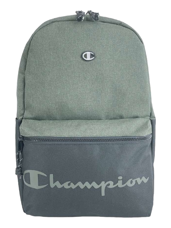 Mochila escolar Champion bicolor en tonos verde oscuro y gris con logotipo frontal.