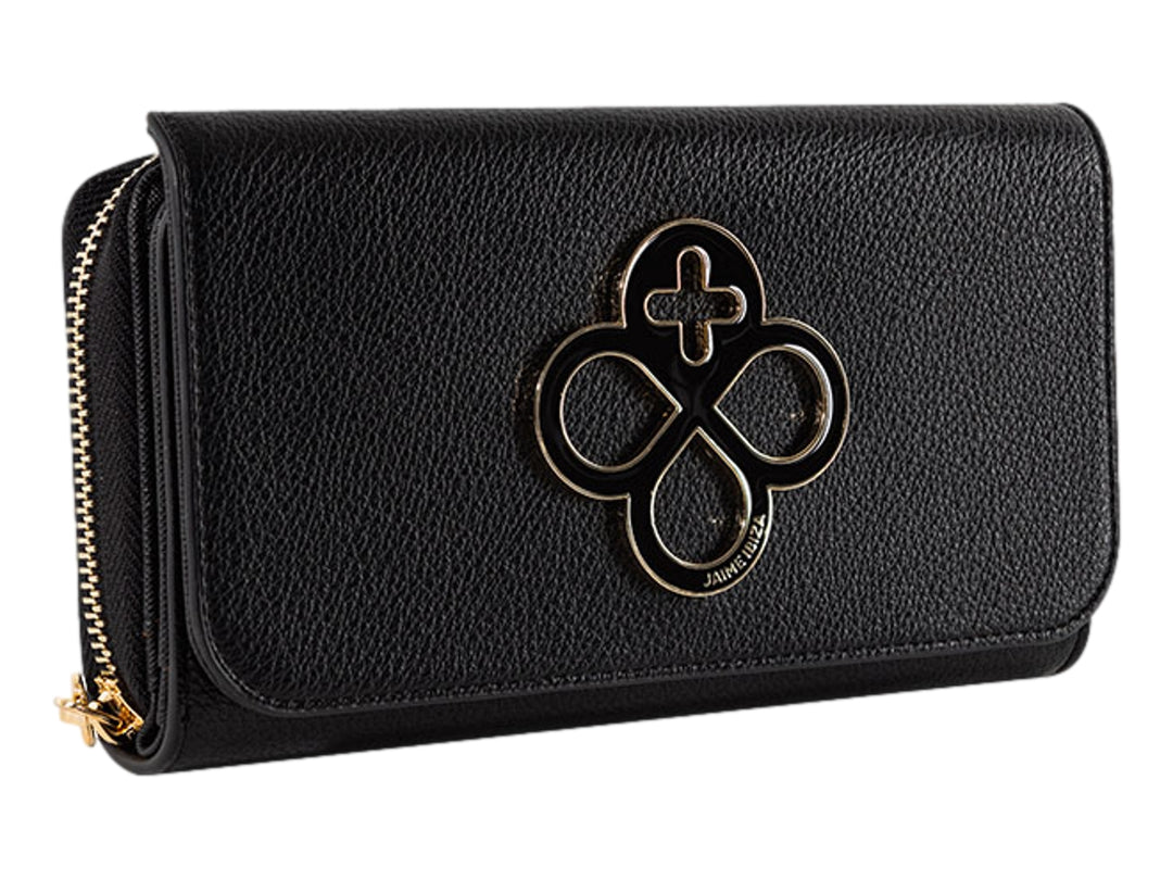 Cartera negra texturizada Jaime Ibiza con logotipo metálico dorado y cierre lateral.