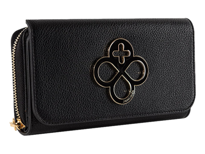 Cartera negra texturizada Jaime Ibiza con logotipo metálico dorado y cierre lateral.