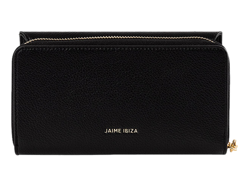 Cartera negra texturizada Jaime Ibiza con logotipo metálico dorado y cierre lateral.