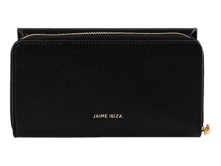 Cartera negra texturizada Jaime Ibiza con logotipo metálico dorado y cierre lateral.