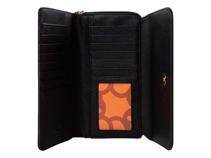 Cartera negra texturizada Jaime Ibiza con logotipo metálico dorado y cierre lateral.