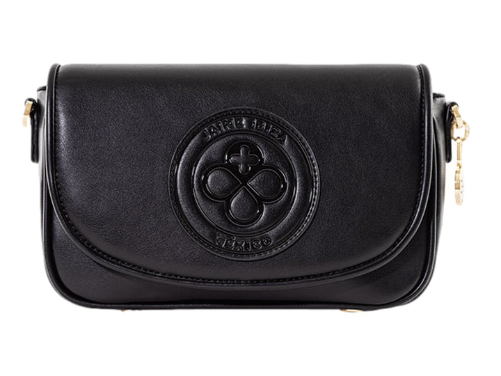 Bolso bandolera color negro de Jaime Ibiza con logo circular en relieve y detalles metálicos dorados.
