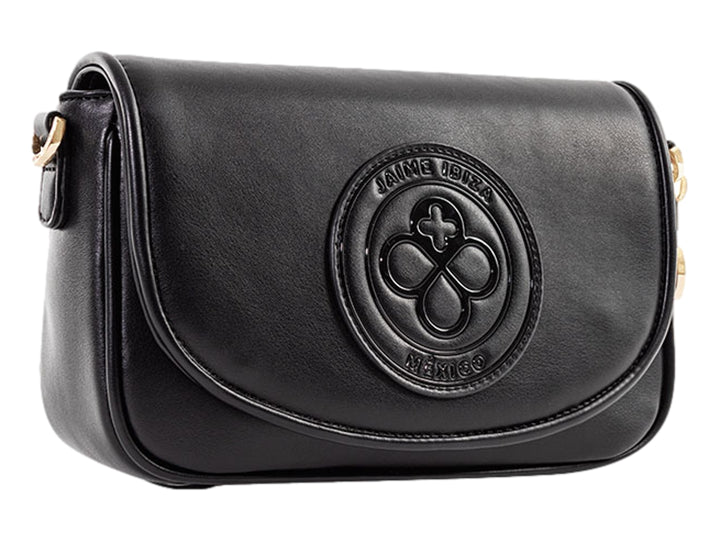 Bolso bandolera color negro de Jaime Ibiza con logo circular en relieve y detalles metálicos dorados.