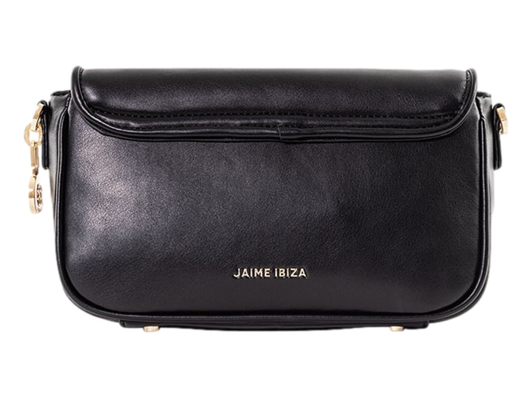 Bolso bandolera color negro de Jaime Ibiza con logo circular en relieve y detalles metálicos dorados.