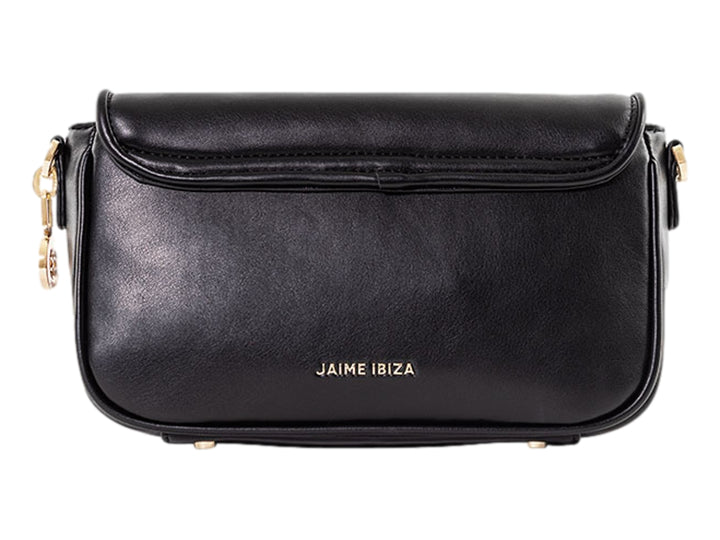 Bolso bandolera color negro de Jaime Ibiza con logo circular en relieve y detalles metálicos dorados.