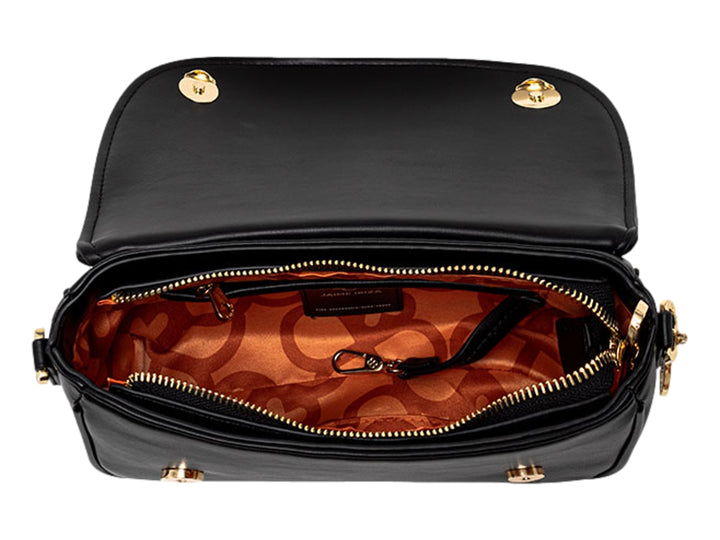 Bolso bandolera color negro de Jaime Ibiza con logo circular en relieve y detalles metálicos dorados.